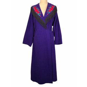 Vintage Vanity Fair Lounge Robe Fringe Embroidered Floral Full Length Purple